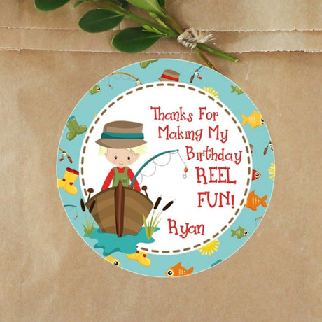 boy fishing birthday sticker with fishing gear background