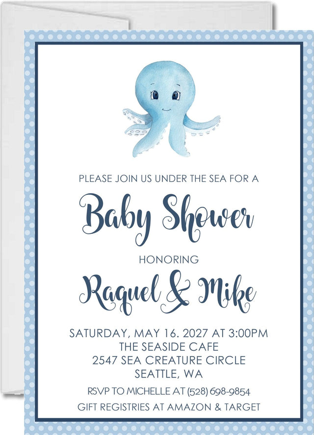boy octopus baby shower invitations blue ocean design