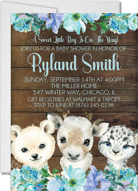 boys arctic animal polar bear penguin invitation cards blue floral style