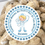 boys astronaut birthday sticker with blue star border