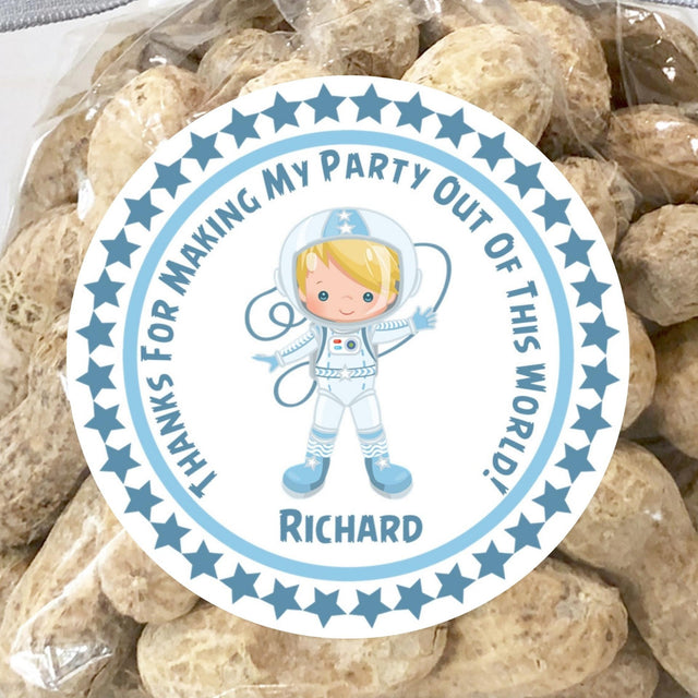 boys astronaut birthday sticker with blue star border