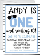 boys blue 1st birthday party invitations striped number one design
