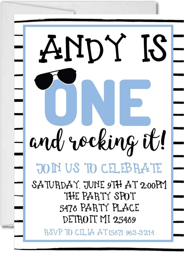 boys blue 1st birthday party invitations striped number one design
