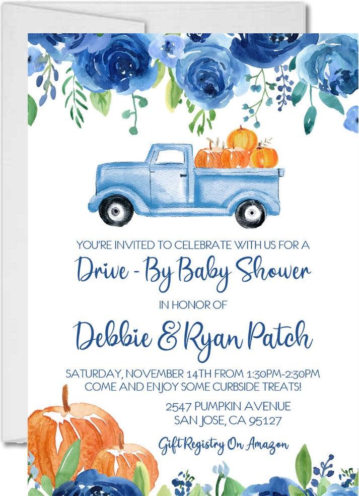 boys blue fall drive by baby shower invitations vintage pumpkin truck design