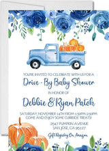 boys blue fall drive by baby shower invitations vintage pumpkin truck design
