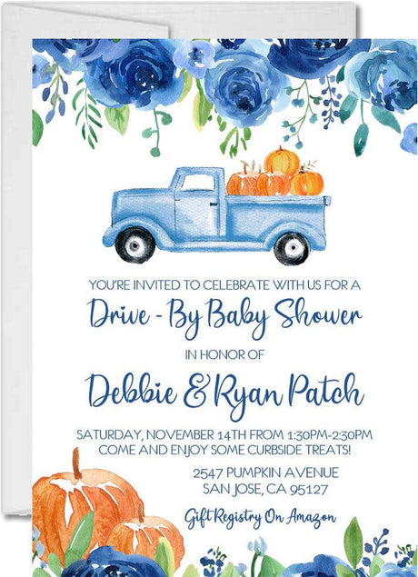 boys blue fall drive by baby shower invitations vintage pumpkin truck design