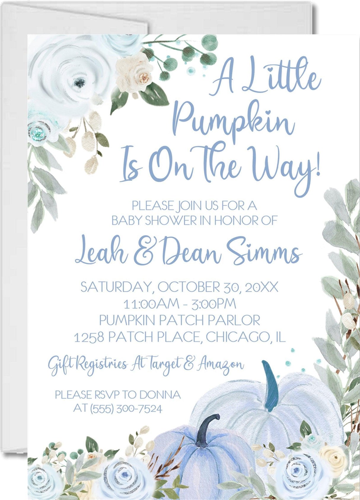 boys blue little pumpkin baby shower invitations floral autumn watercolor design