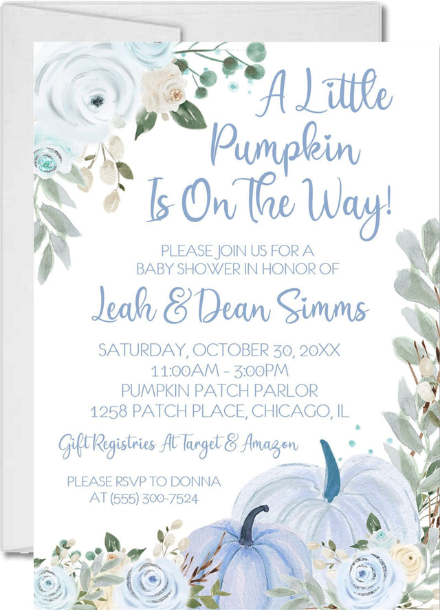 boys blue little pumpkin baby shower invitations floral autumn watercolor design