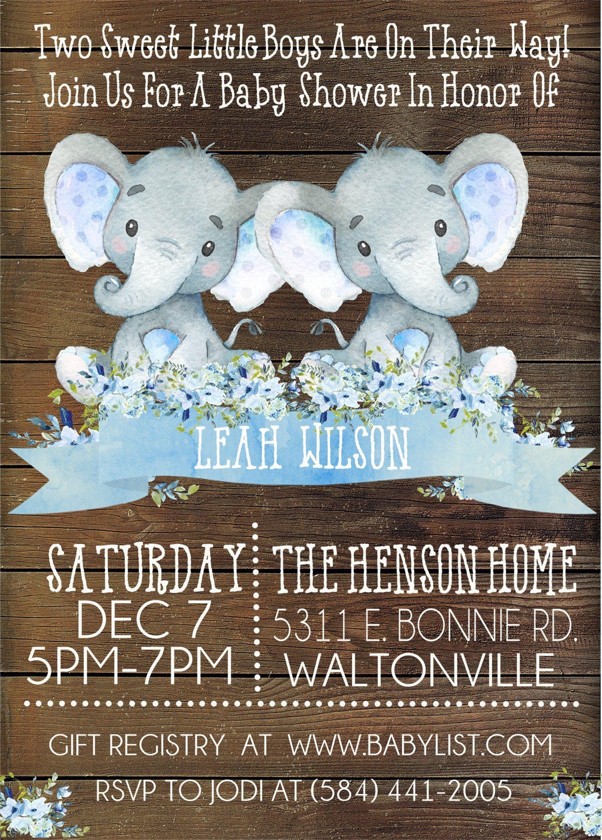 boys blue rustic twin elephant baby shower invitations