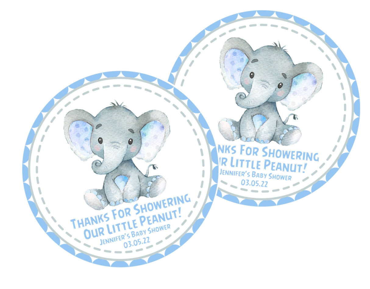 Personalized blue elephant thank you stickers – baby boy shower favors