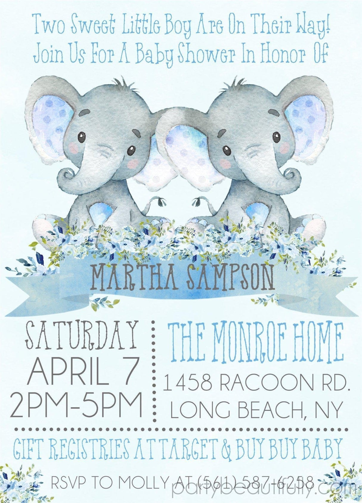 boys blue twin elephant baby shower invitations