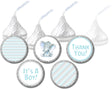 Blue elephant safari baby shower candy stickers on Hershey’s Kisses