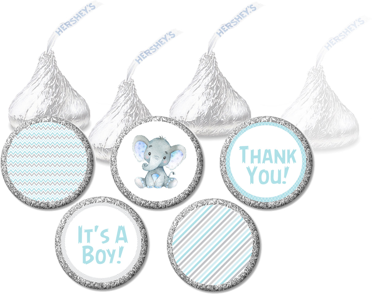 Blue elephant safari baby shower candy stickers on Hershey’s Kisses