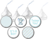 Blue elephant safari baby shower candy stickers on Hershey’s Kisses