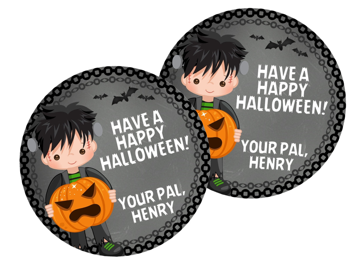 boys halloween favor label featuring frankenstein character