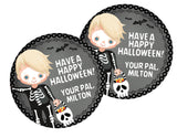 boys halloween favor label featuring skeleton costume