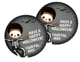 boys halloween favor label with skeleton costume illustration