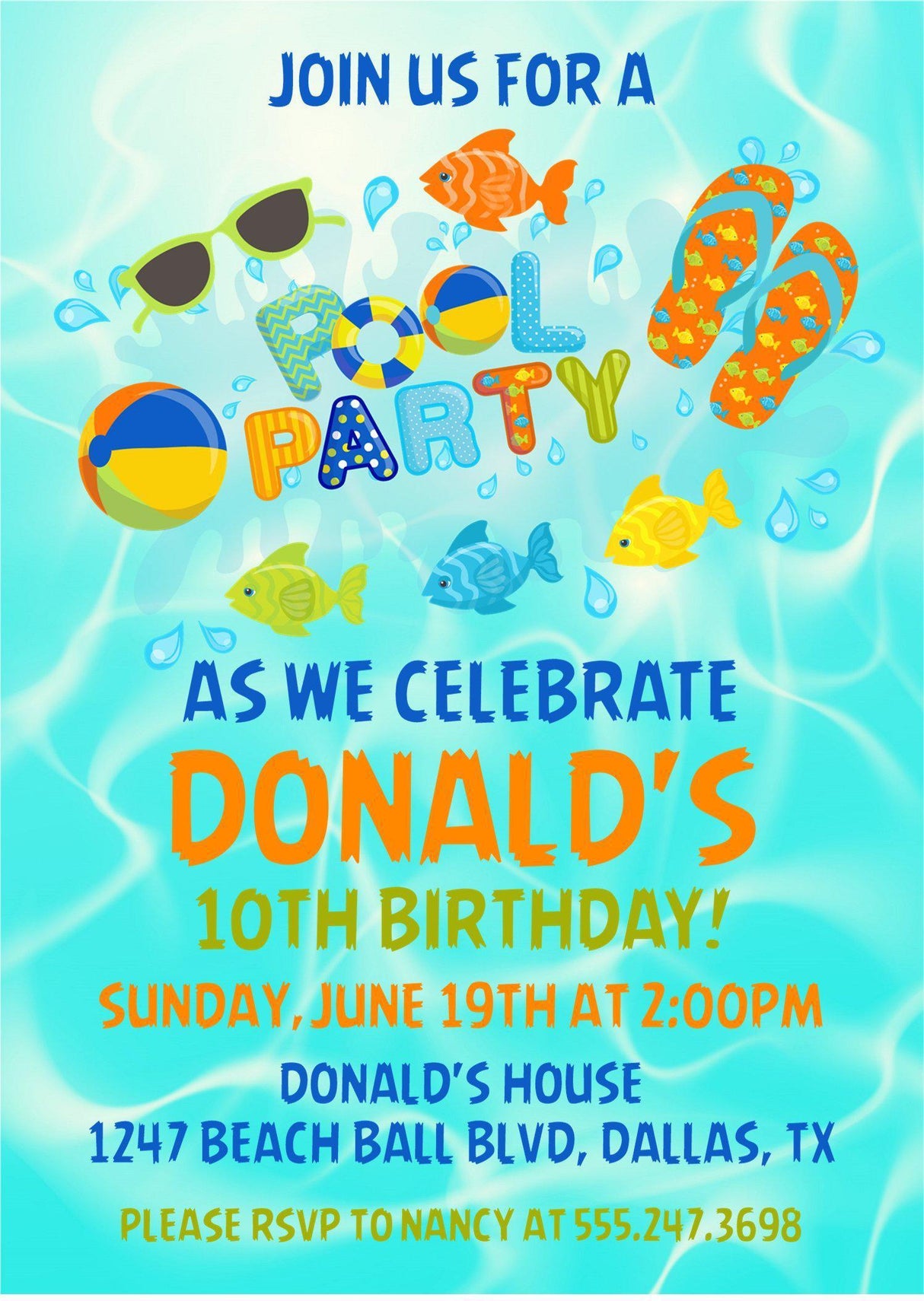 boys pool party birthday invitations