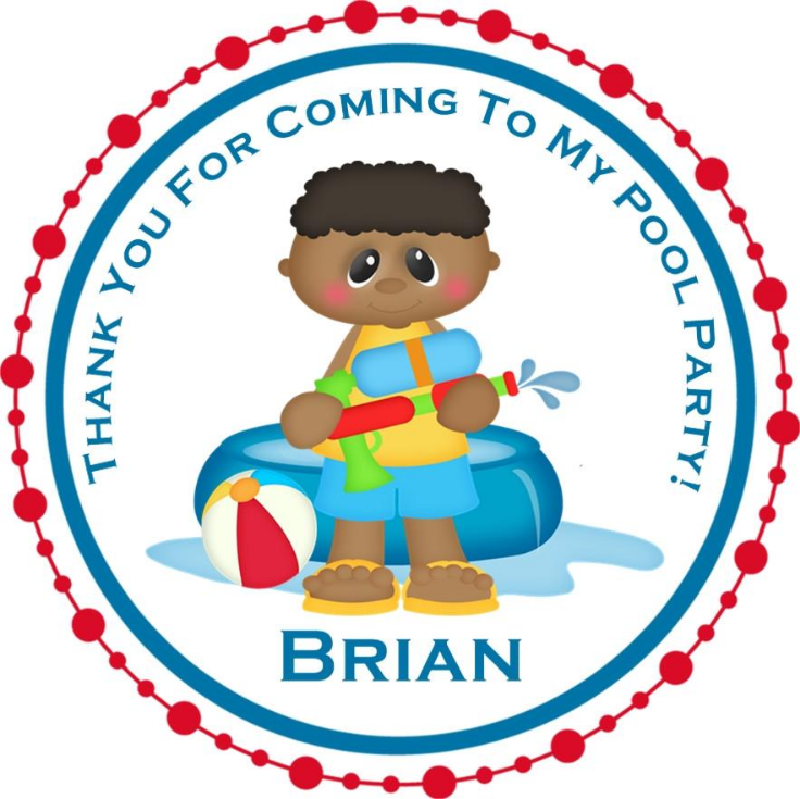 boys pool party birthday sticker with water gun and beach ball