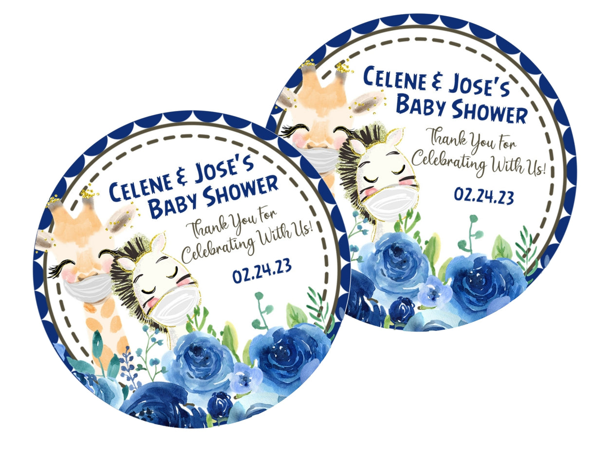boys safari baby shower sticker with giraffe and zebra wearing masks