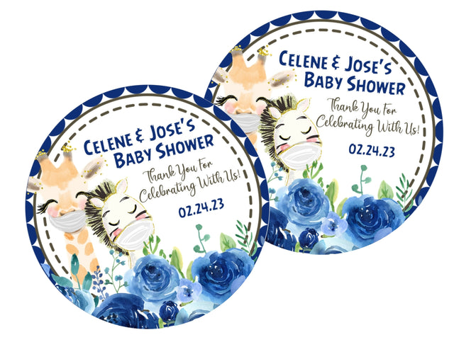 boys safari baby shower sticker with giraffe and zebra wearing masks