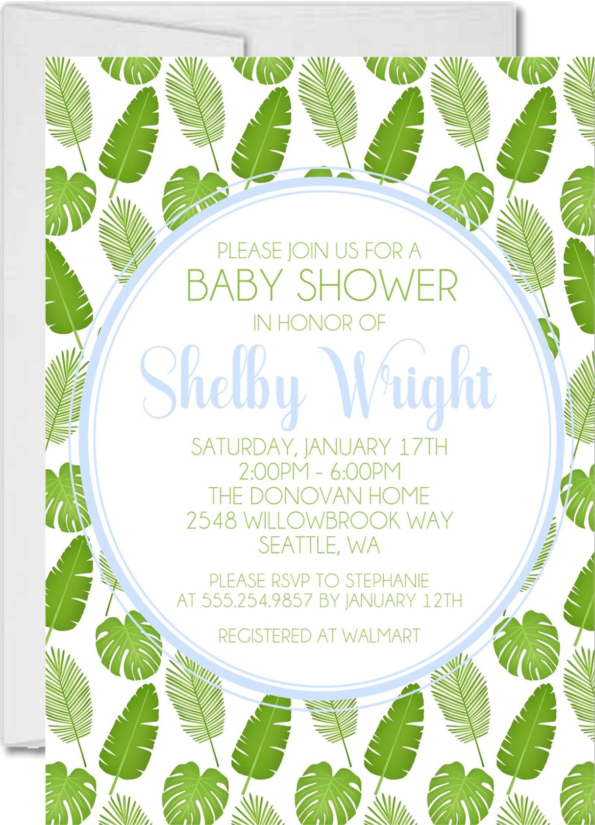 boys tropical leaf baby shower invitation cards summer green blue botanical style