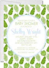 boys tropical leaf baby shower invitation cards summer green blue botanical style