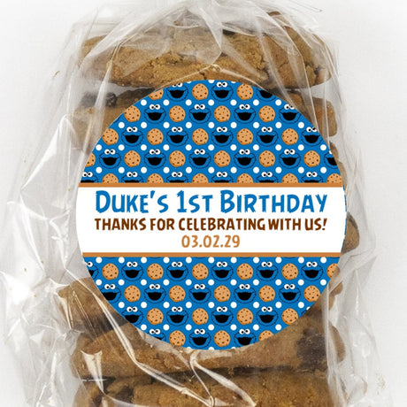 bright blue cookie birthday sticker with cookie monster style faces