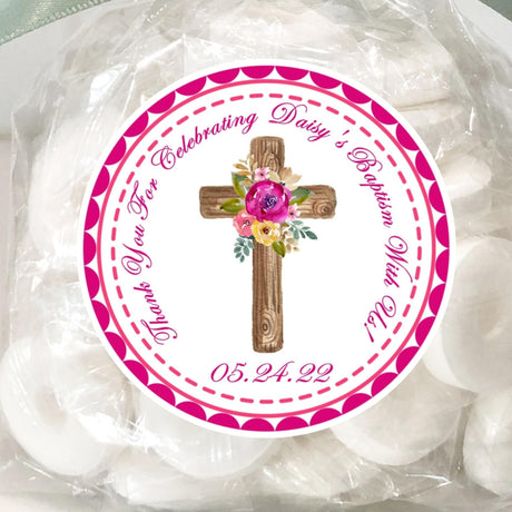 bright pink floral cross baptism sticker with rustic wood cross