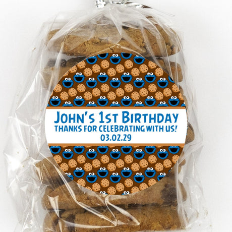 brown and blue cookie birthday sticker with cookie monster style faces