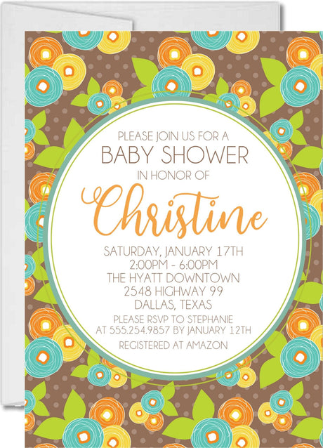 brown orange floral baby shower invitations groovy theme