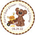 bumble bee baby shower sticker with teddy bear pushing honey wheelbarrow and dripping honey design