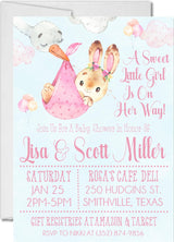 bunny baby shower invitations pastel pink woodland watercolor design