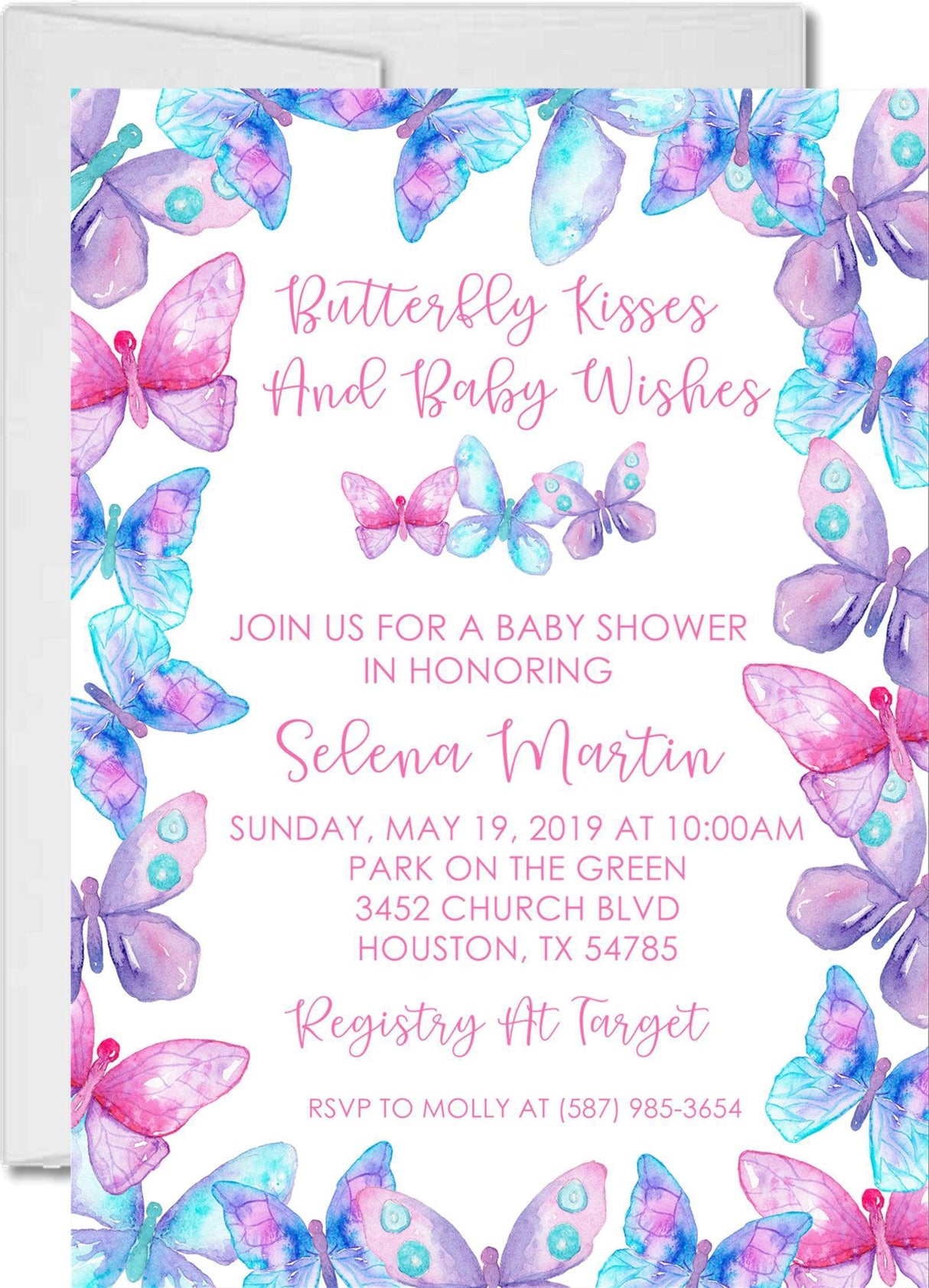 butterfly baby shower invitations pink purple watercolor design