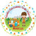 camping birthday sticker with camper and mountain outdoor scene