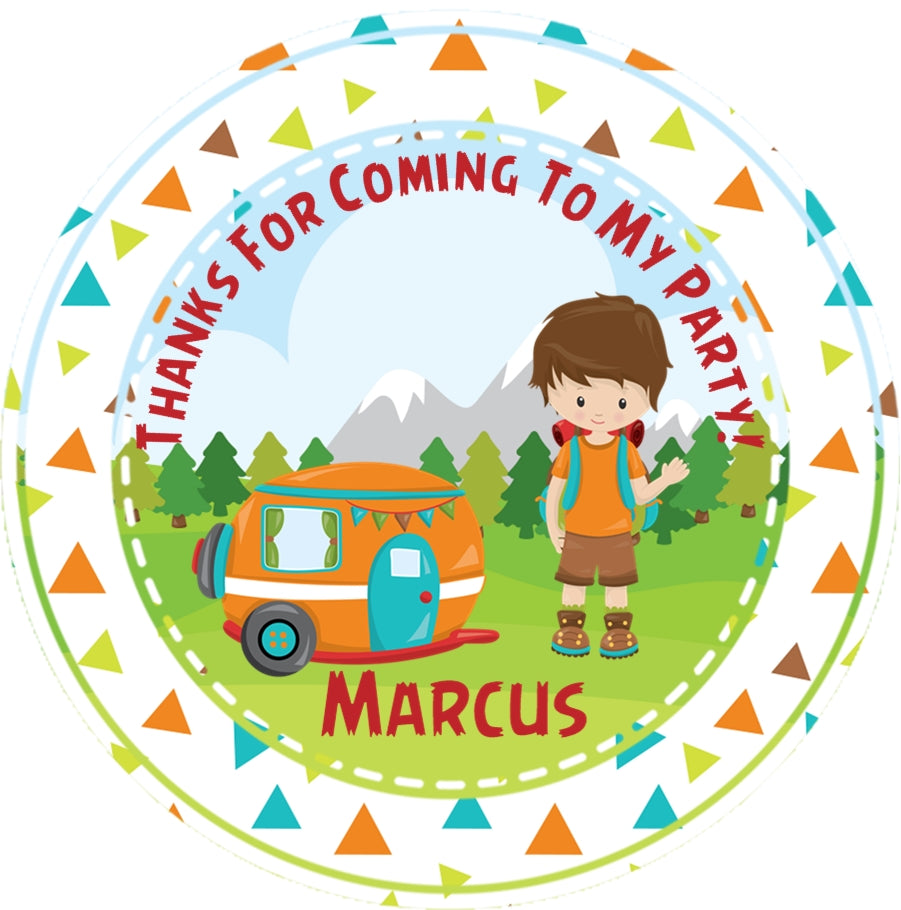camping birthday sticker with camper and mountain outdoor scene