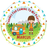 camping birthday sticker with camper and mountain outdoor scene