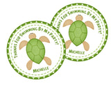 cartoon turtle party favor label in green and tan