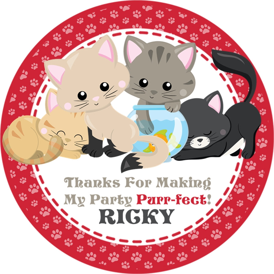 Cat party favor label featuring kittens and fishbowl