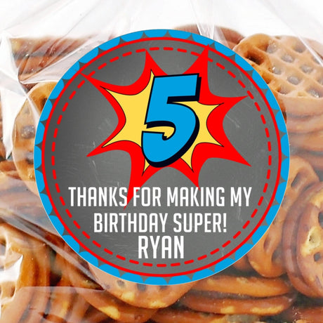 chalkboard superhero birthday sticker with comic burst