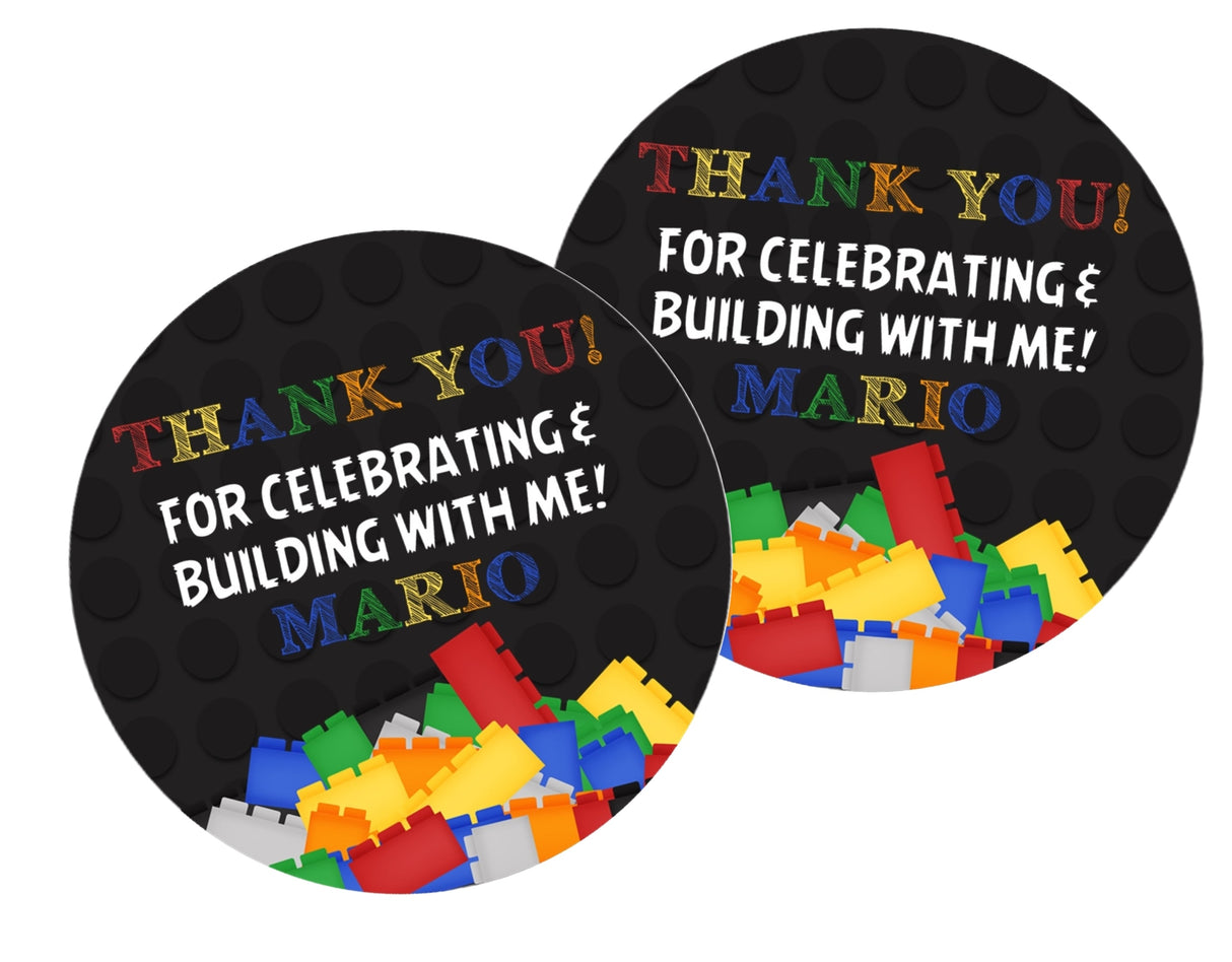 colorful brick lettering party favor label