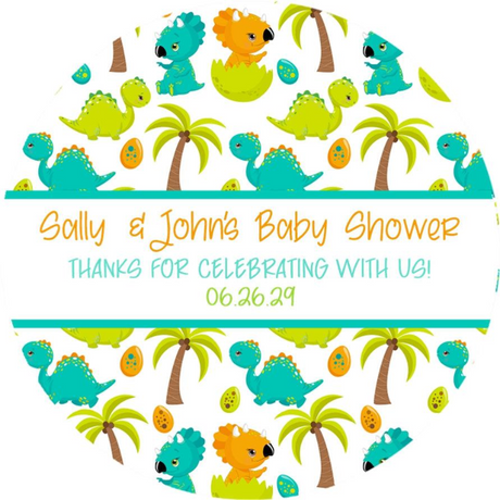 colorful dinosaur baby shower sticker with eggs and palm trees