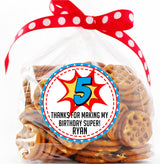 comic style birthday sticker design in red yellow blue