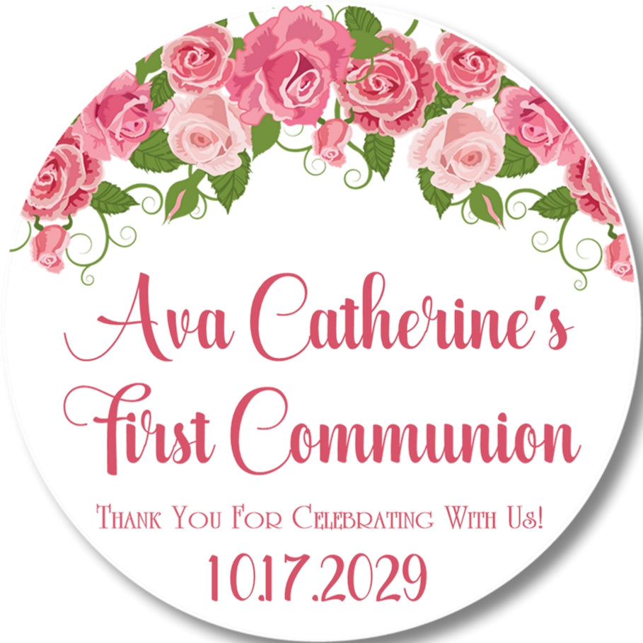 Pink Rose First Communion Stickers – Blush Pink, Rose Gold, Burgundy Floral Communion Favor Labels