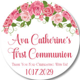 Pink Rose First Communion Stickers – Blush Pink, Rose Gold, Burgundy Floral Communion Favor Labels