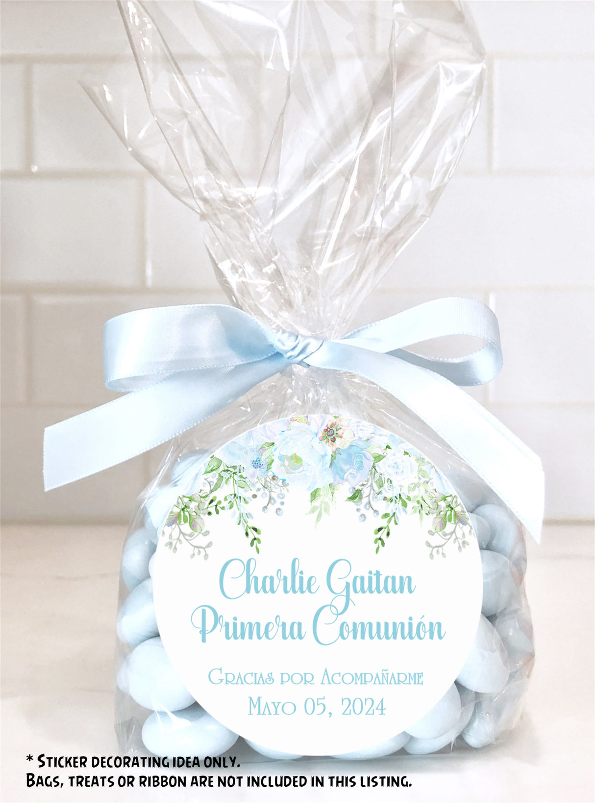 Pastel Blue Peony First Communion Stickers