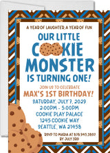 cookie monster 1st birthday invitations blue brown cookie design