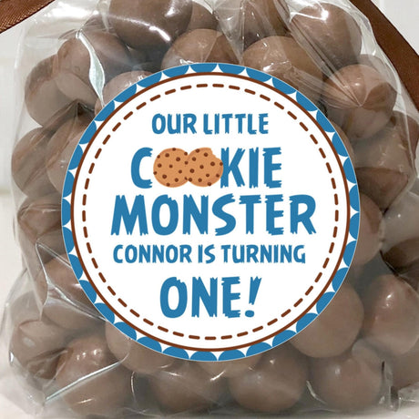 cookie monster style birthday sticker with cookie lettering