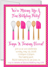 cooking party birthday invitations pink kitchen utensil design