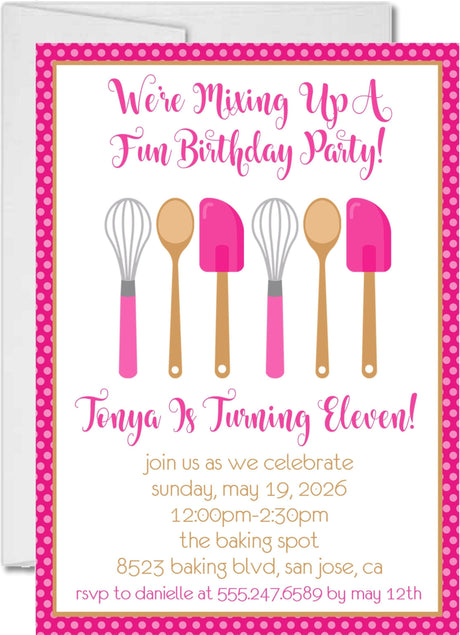 cooking party birthday invitations pink kitchen utensil design